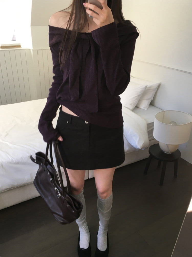 美肩垂帶領結條紋上衣