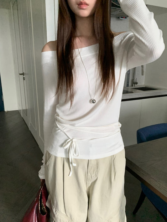 美肩坑紋綁帶修腰上衣