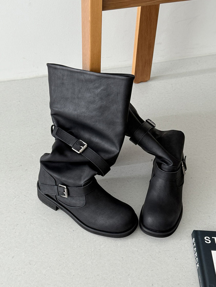 美色軟皮扣帶細節堆堆靴