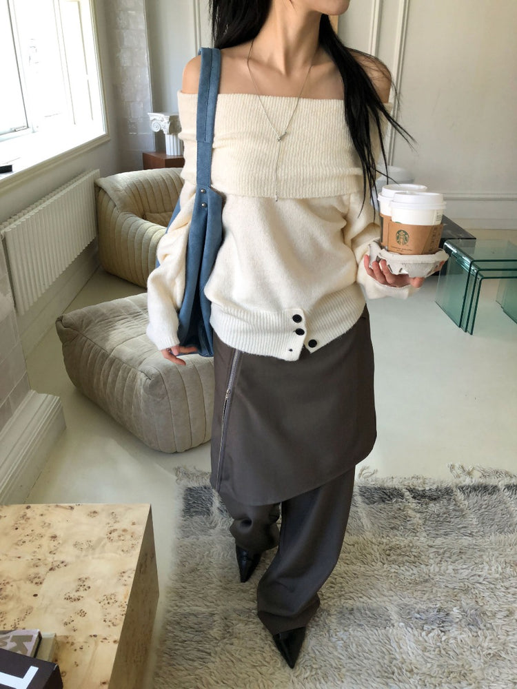 美肩下擺扣鈕細節針織上衣