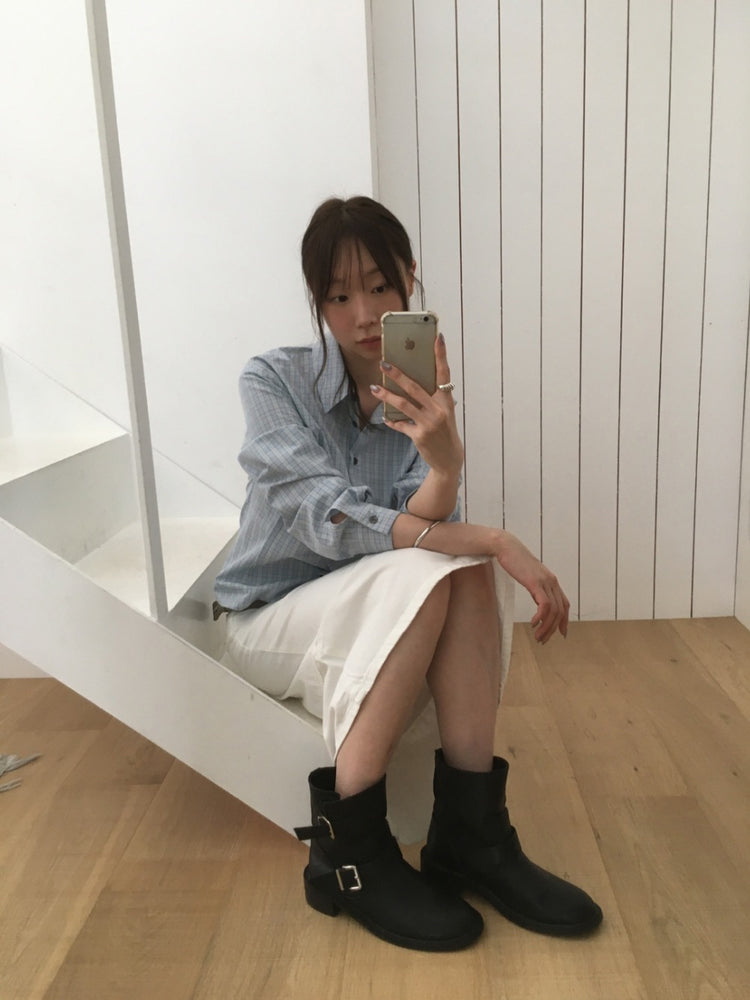 格紋修腰合身襯衫