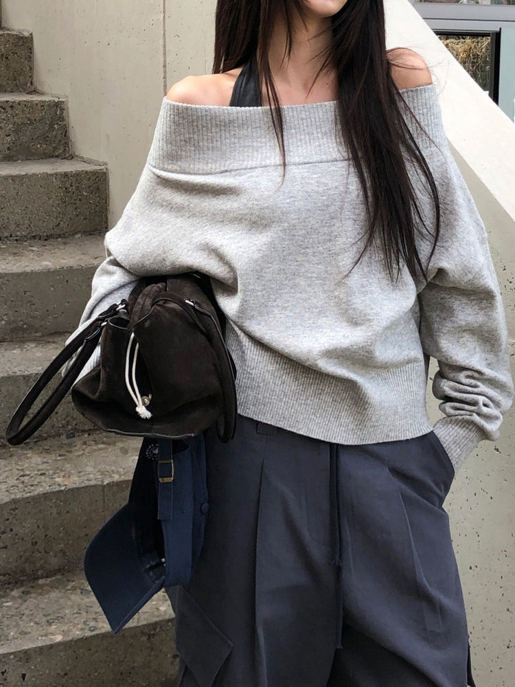 美肩寬帶寬鬆修腰針織上衣