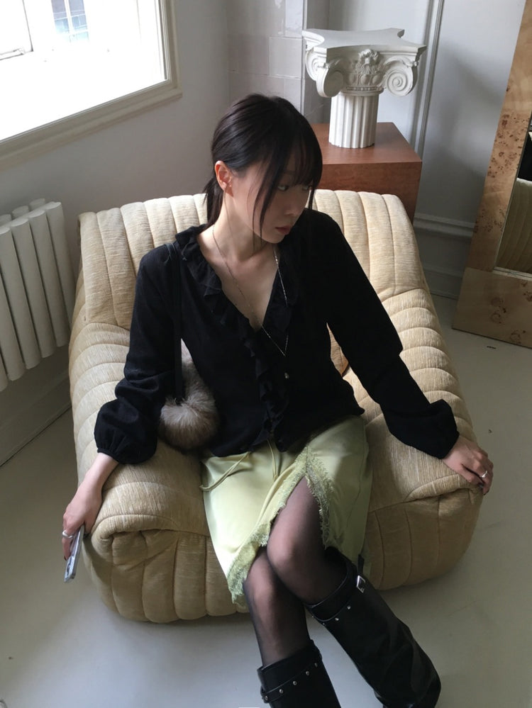 蕾絲邊霧光澤側小開叉半裙