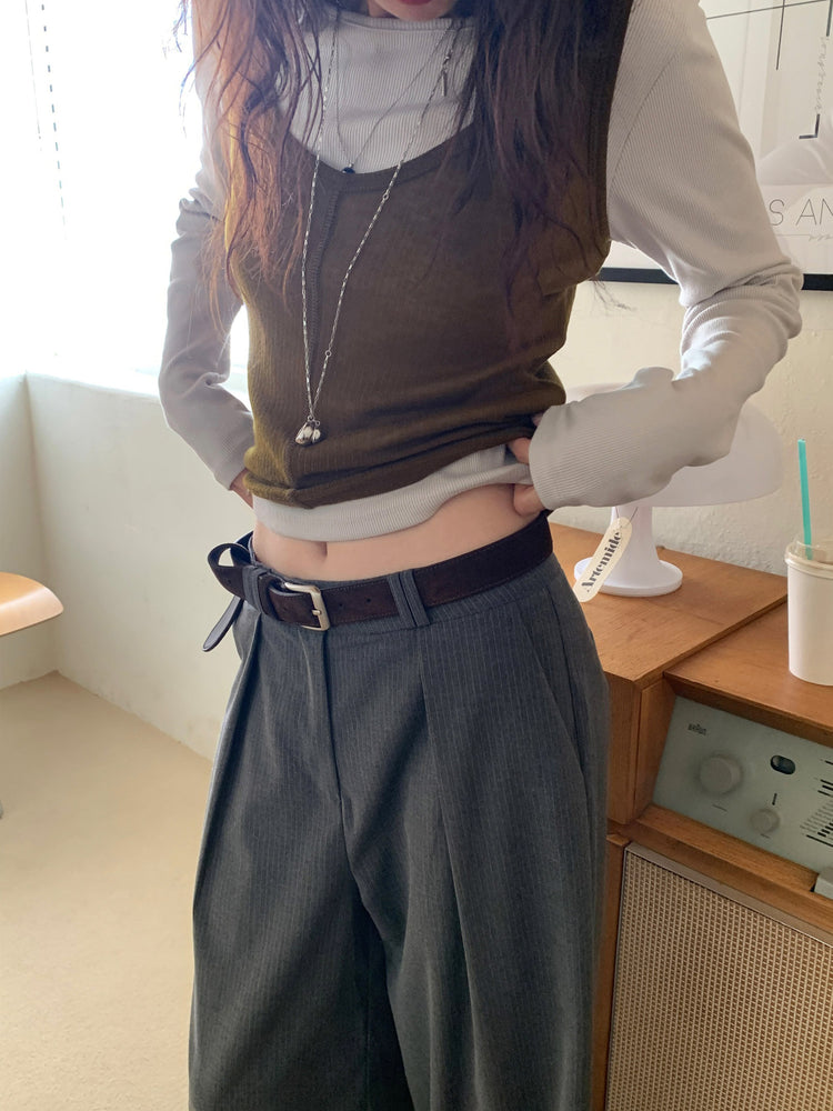 條紋內壓褶細節直褲