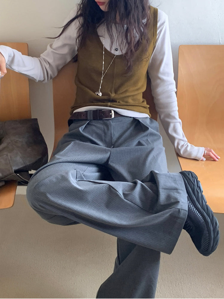 條紋內壓褶細節直褲