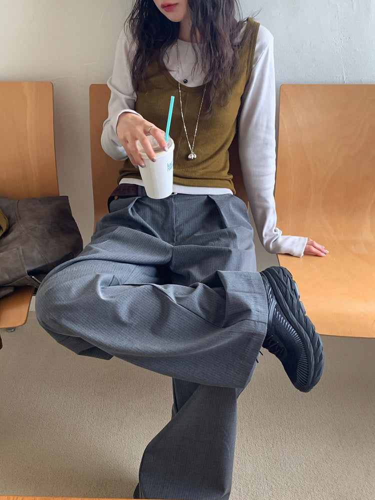 條紋內壓褶細節直褲