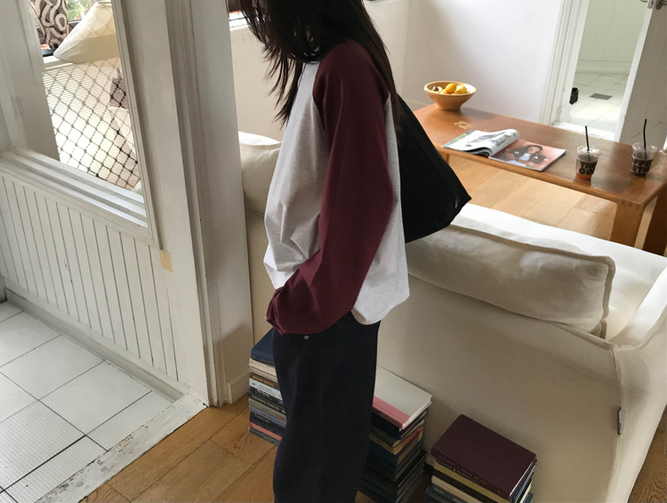 撞色牛角袖上衣