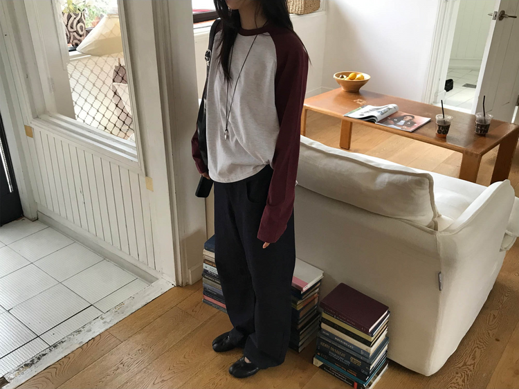 撞色牛角袖上衣
