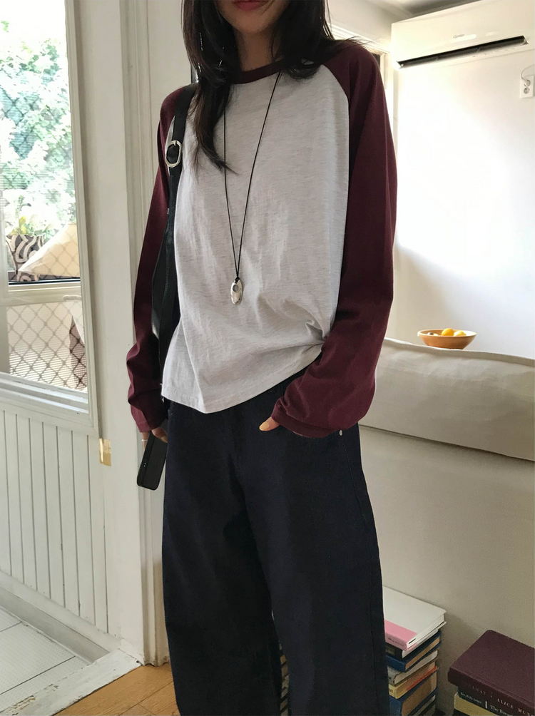 撞色牛角袖上衣