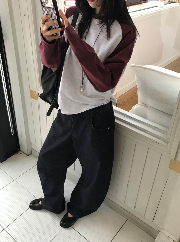 撞色牛角袖上衣