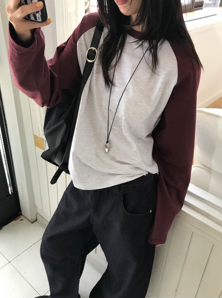 撞色牛角袖上衣