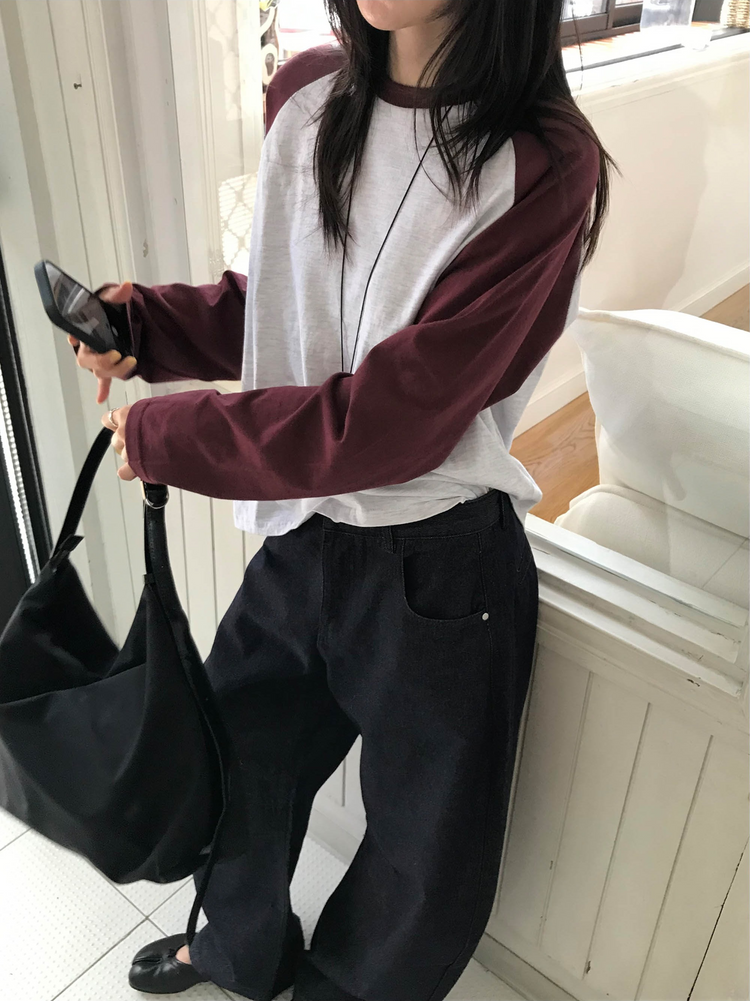 撞色牛角袖上衣