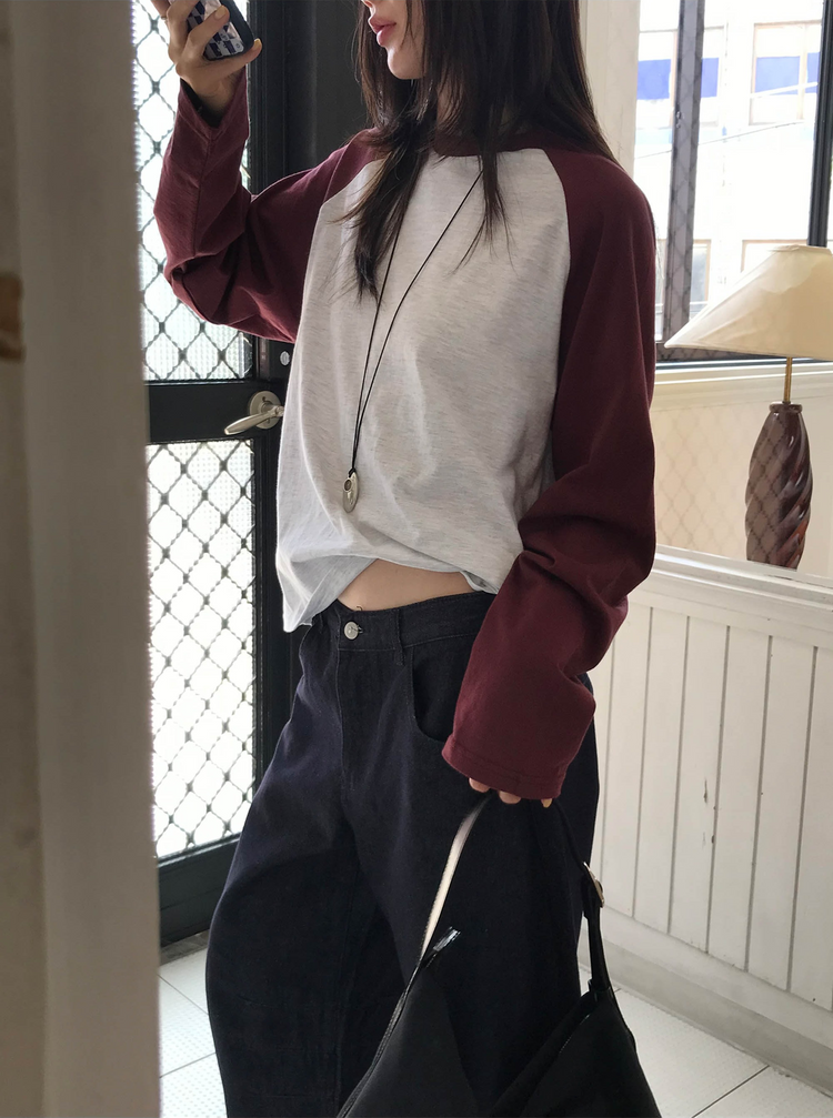撞色牛角袖上衣