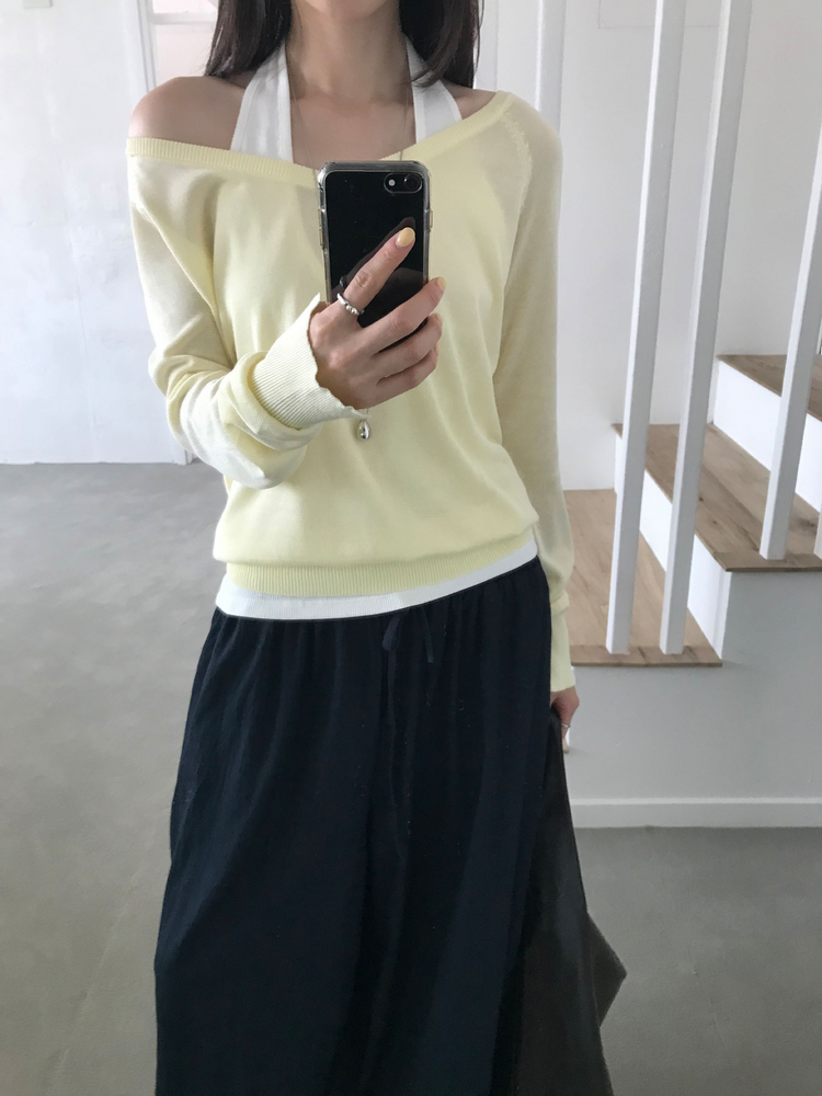 美色透膚V領針織上衣