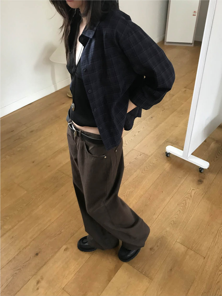 撞色格紋七分袖襯衫