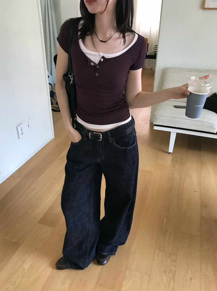 U領暗扣修身細節上衣