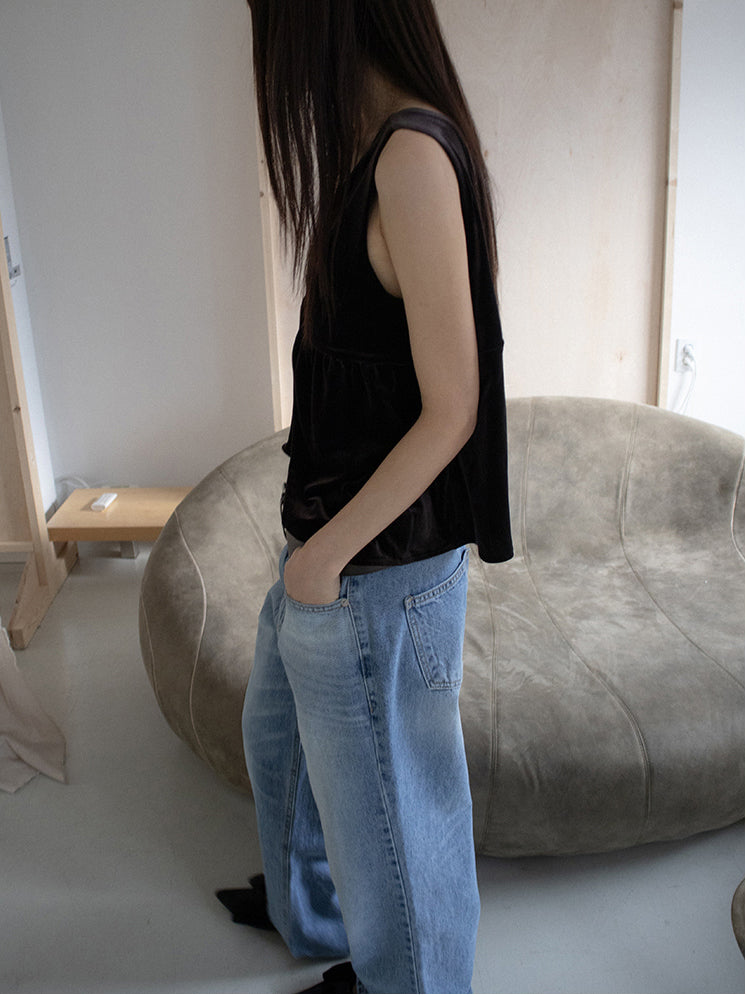 絲絨V領抓皺細節背心