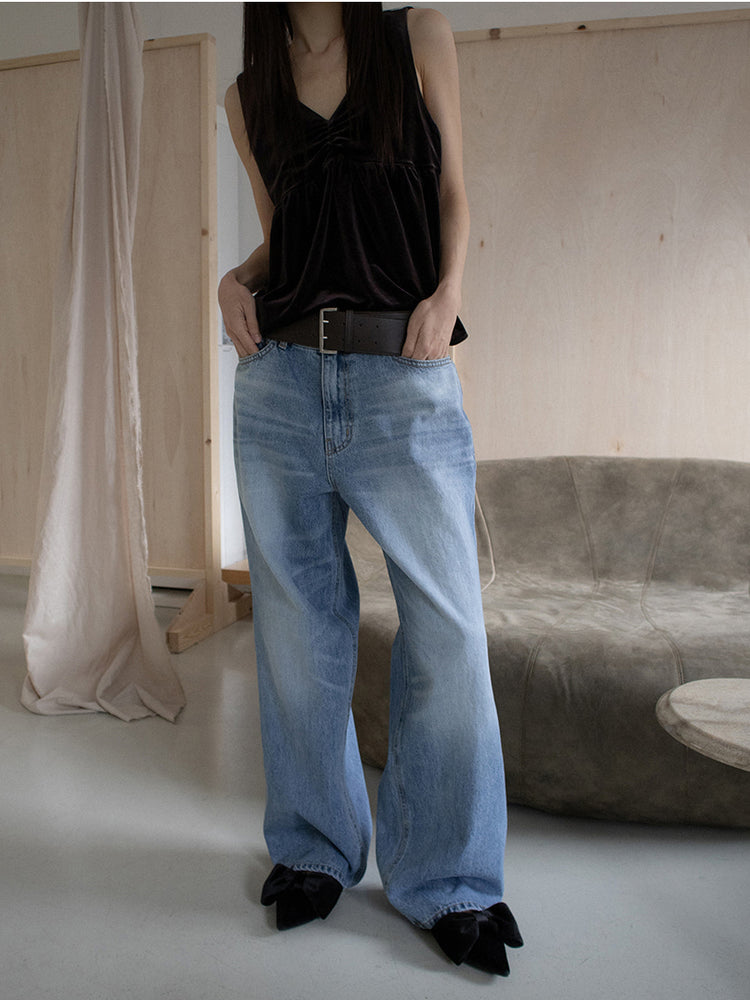 絲絨V領抓皺細節背心