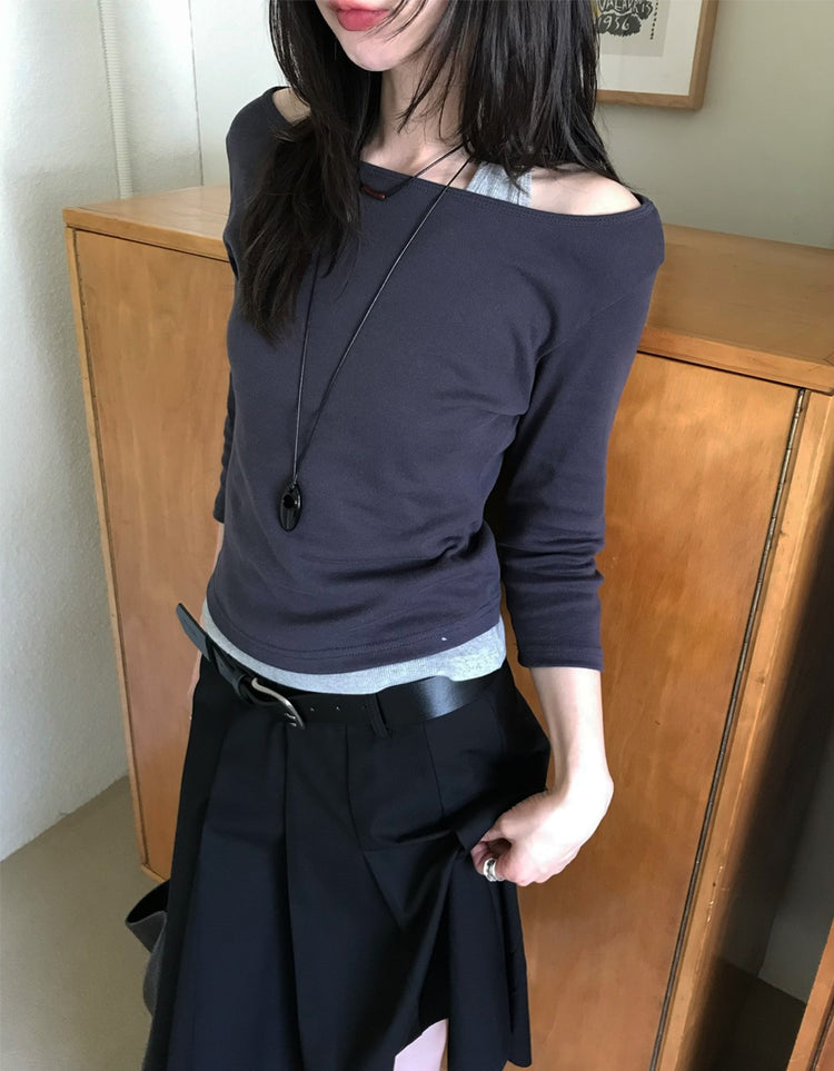 船領弧下擺七分袖上衣