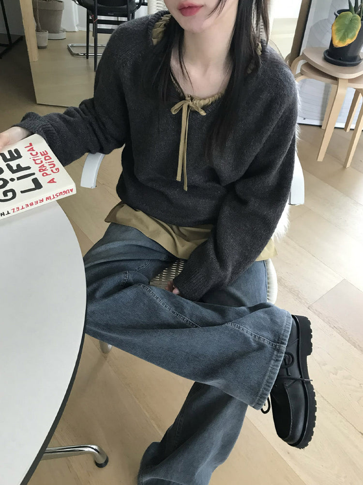 V領美肩線細節針織毛衣