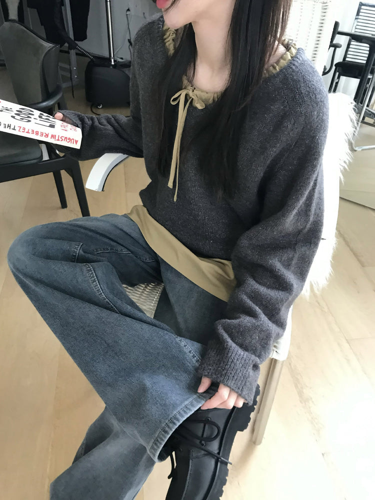 V領美肩線細節針織毛衣