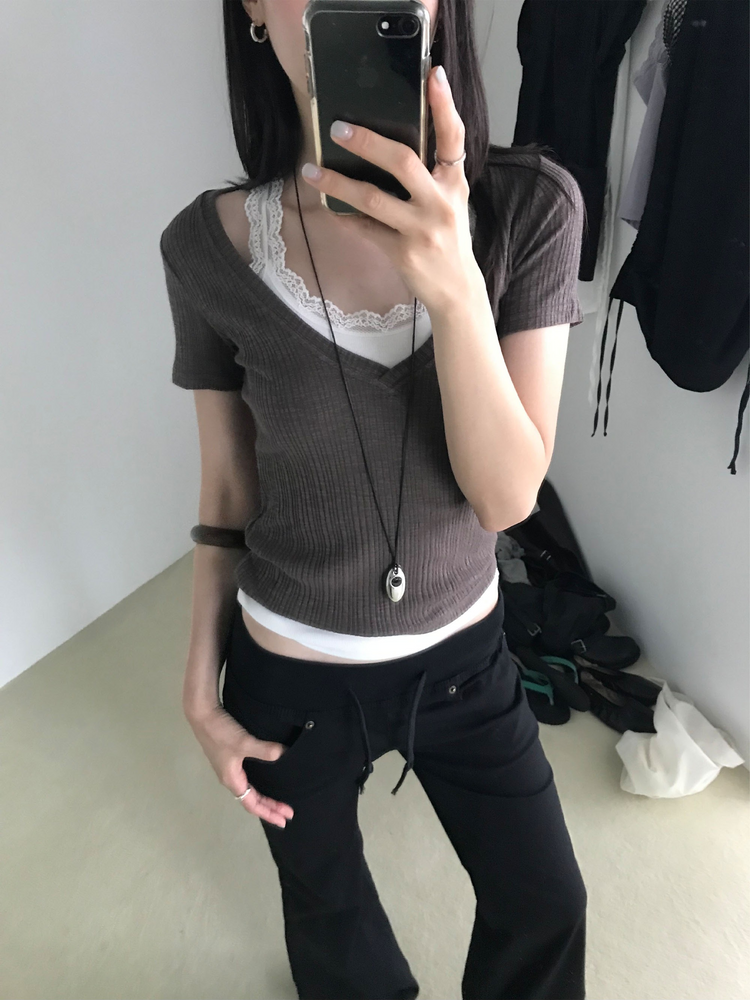 坑紋深V領修身上衣