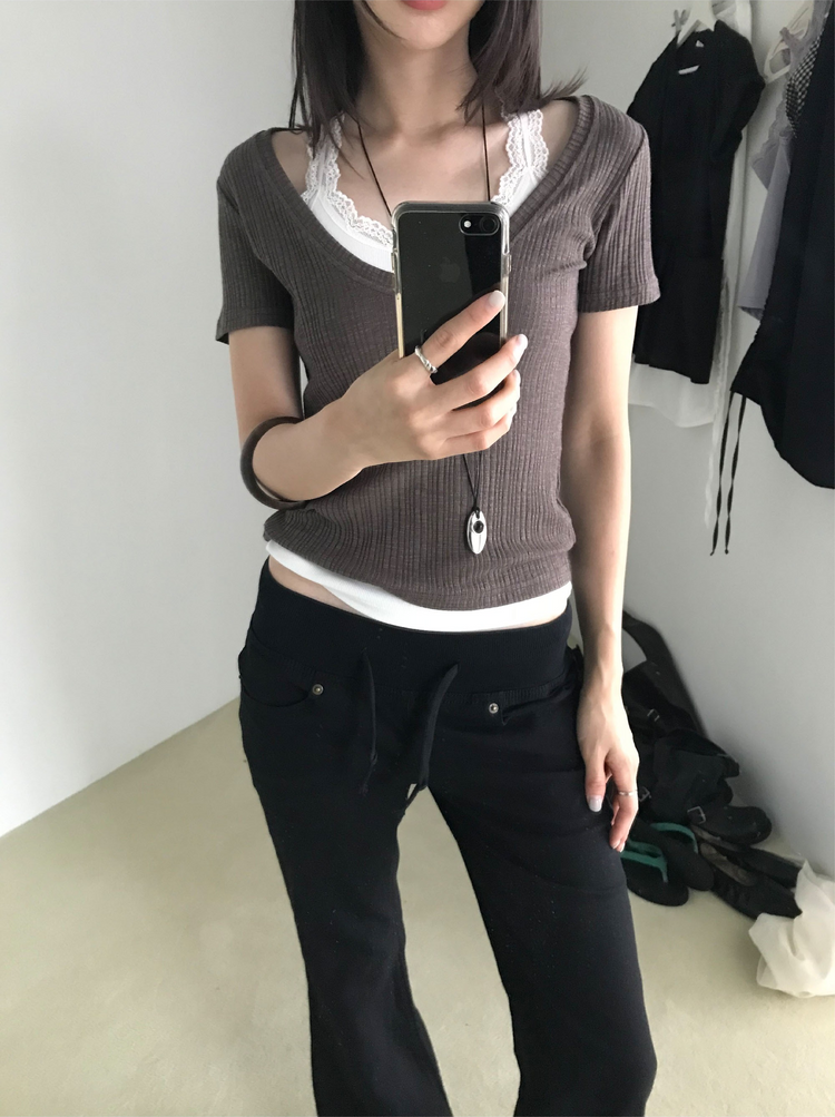坑紋深V領修身上衣