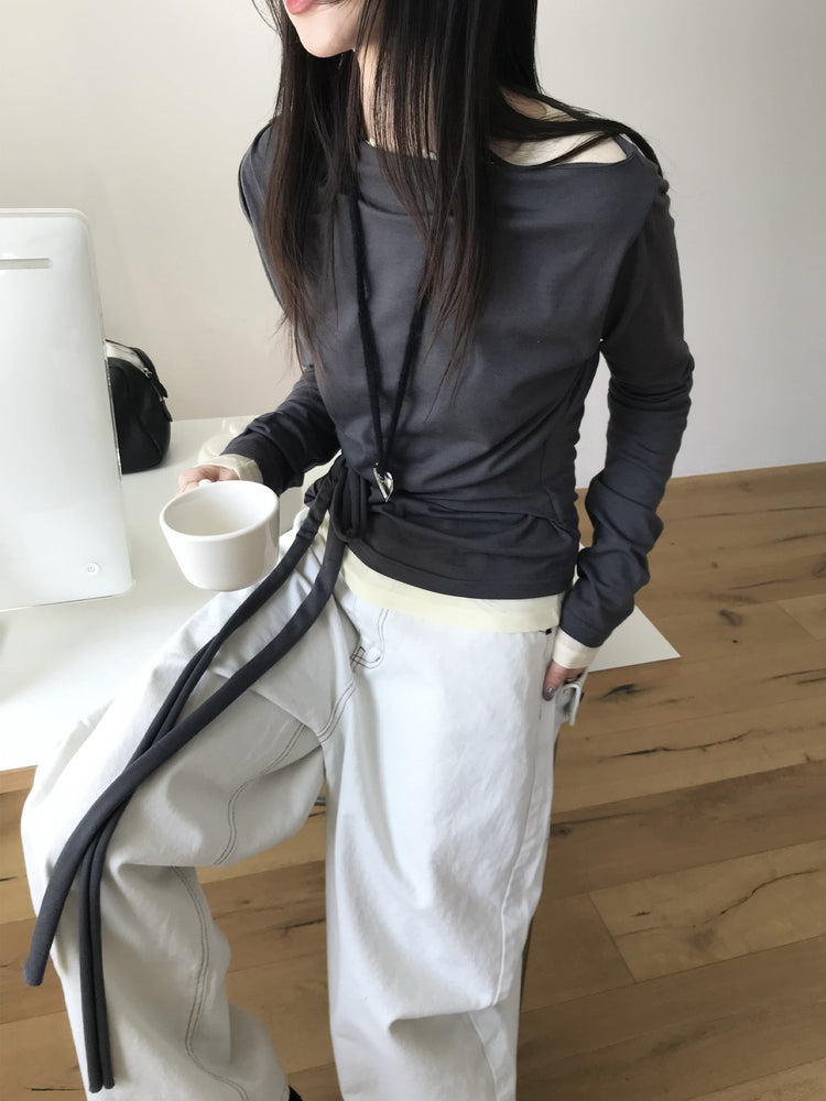 美肩抓皺綁帶細節上衣