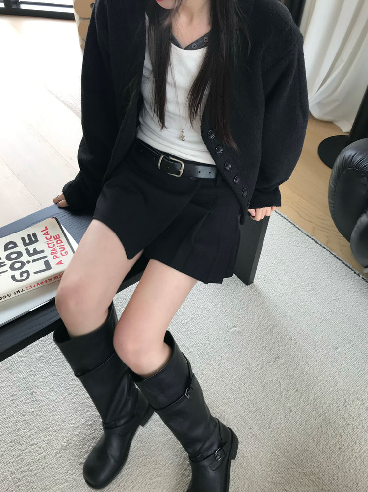 不對稱側扣百褶裙褲