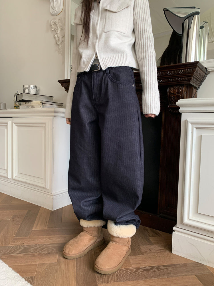 暗條紋細節繭型牛仔褲