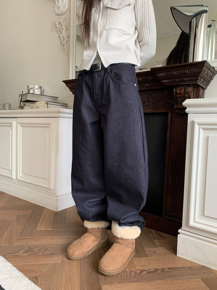 暗條紋細節繭型牛仔褲