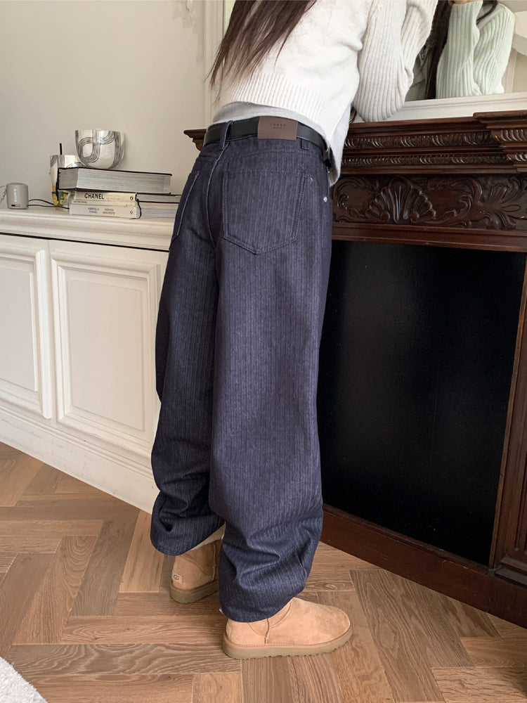 暗條紋細節繭型牛仔褲