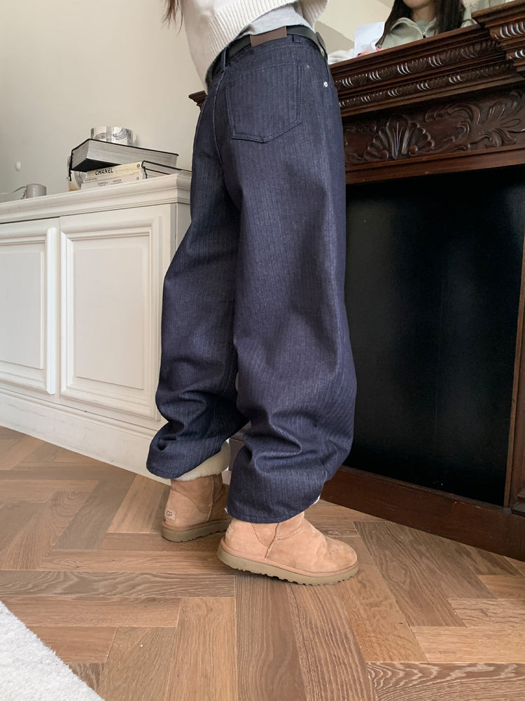 暗條紋細節繭型牛仔褲