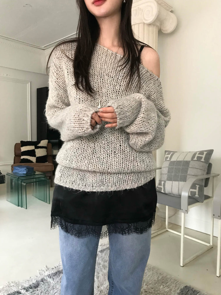 側露肩粗針針織上衣