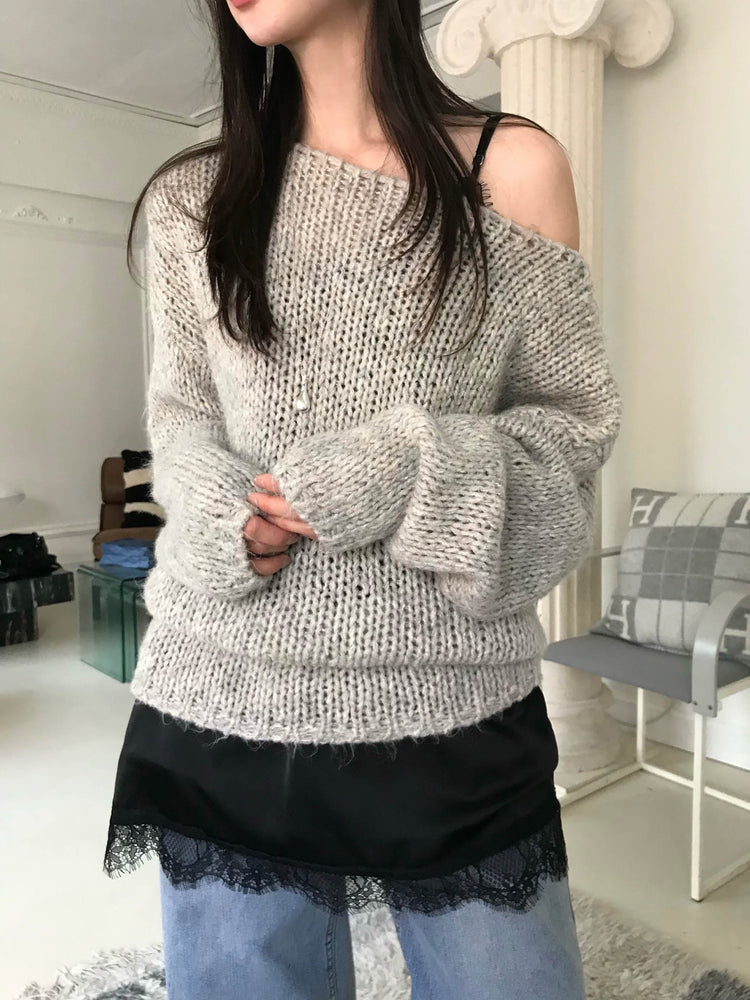 側露肩粗針針織上衣
