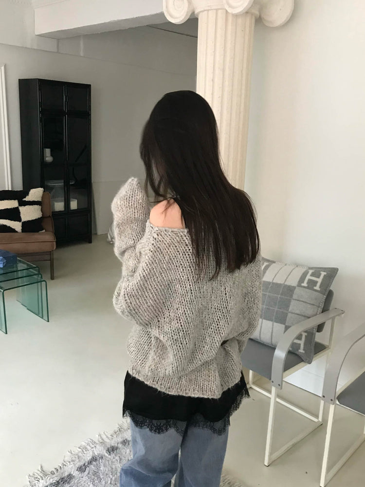 側露肩粗針針織上衣