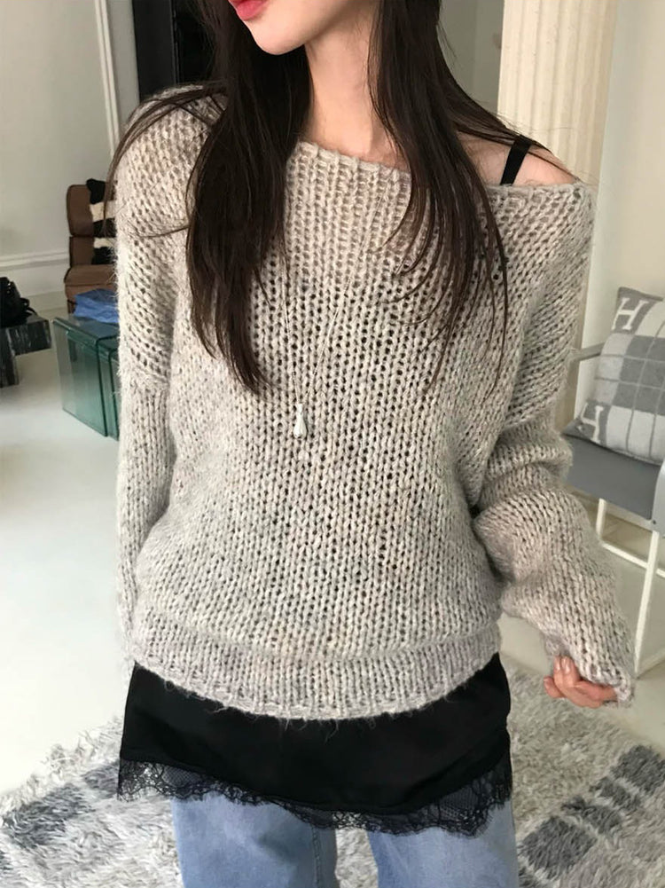 側露肩粗針針織上衣