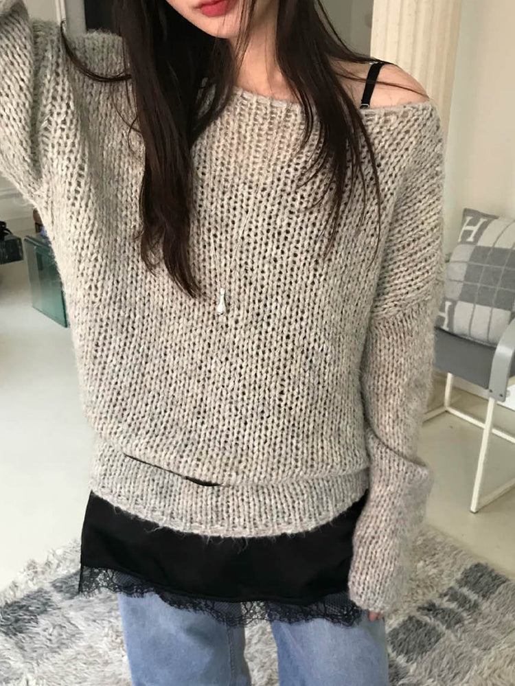 側露肩粗針針織上衣