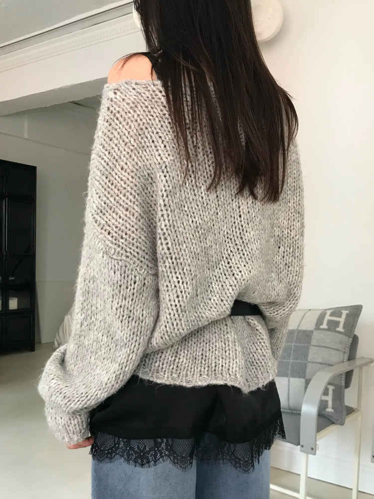 側露肩粗針針織上衣