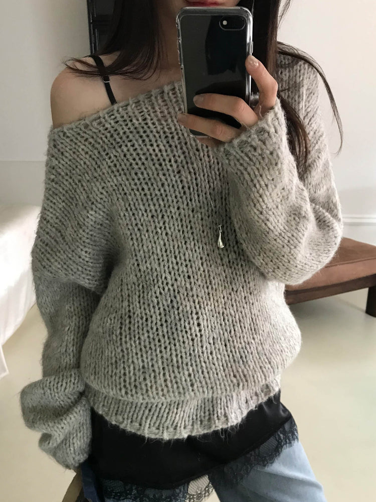 側露肩粗針針織上衣