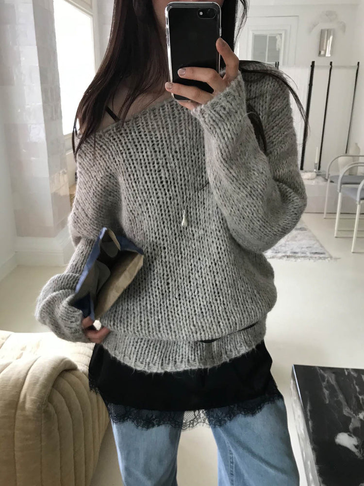 側露肩粗針針織上衣