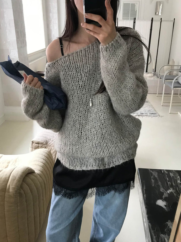 側露肩粗針針織上衣