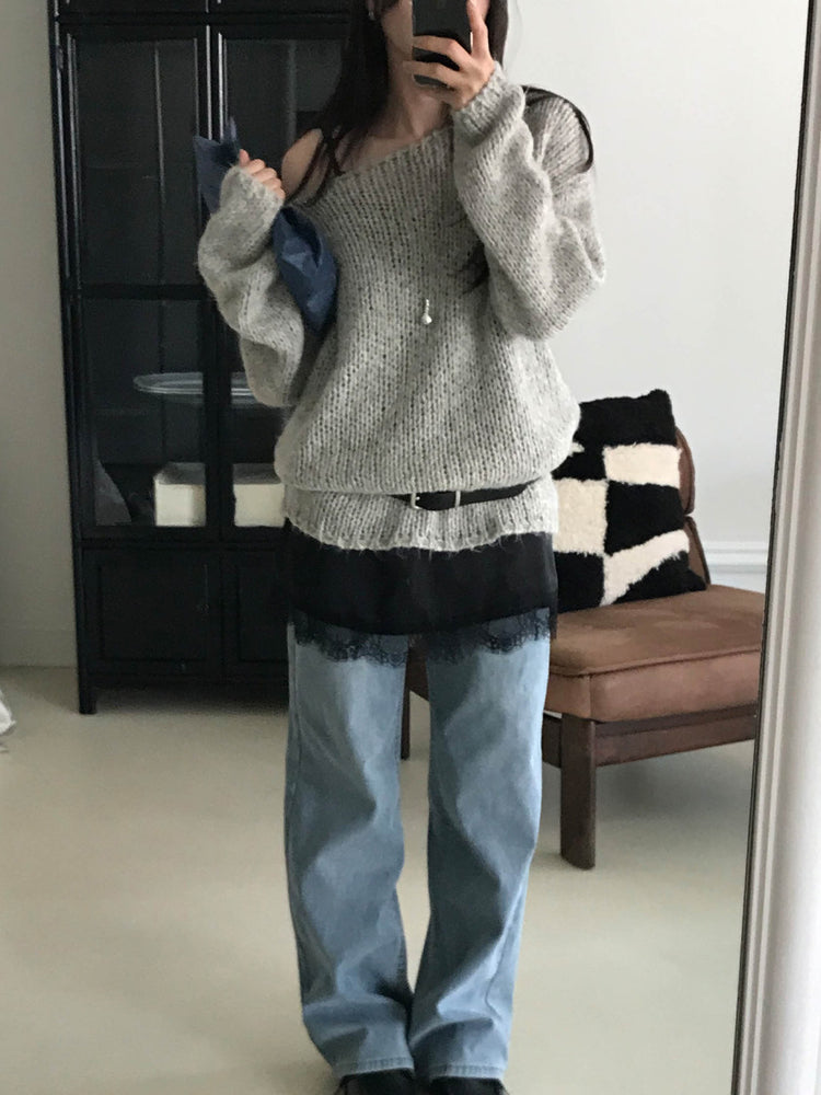 側露肩粗針針織上衣