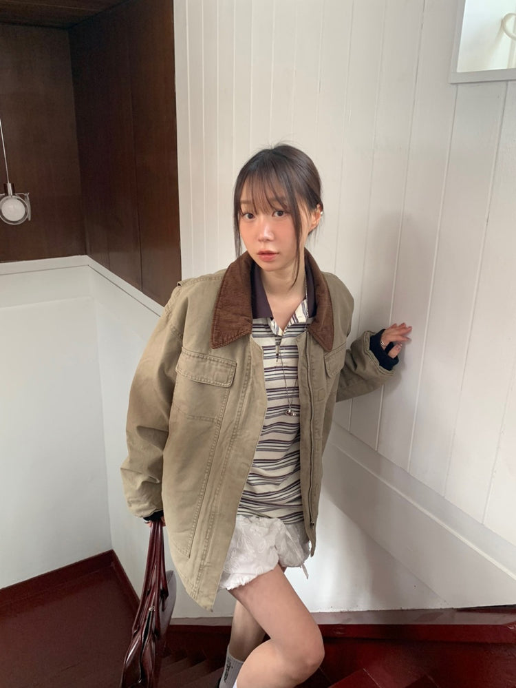 翻領條紋寬鬆上衣