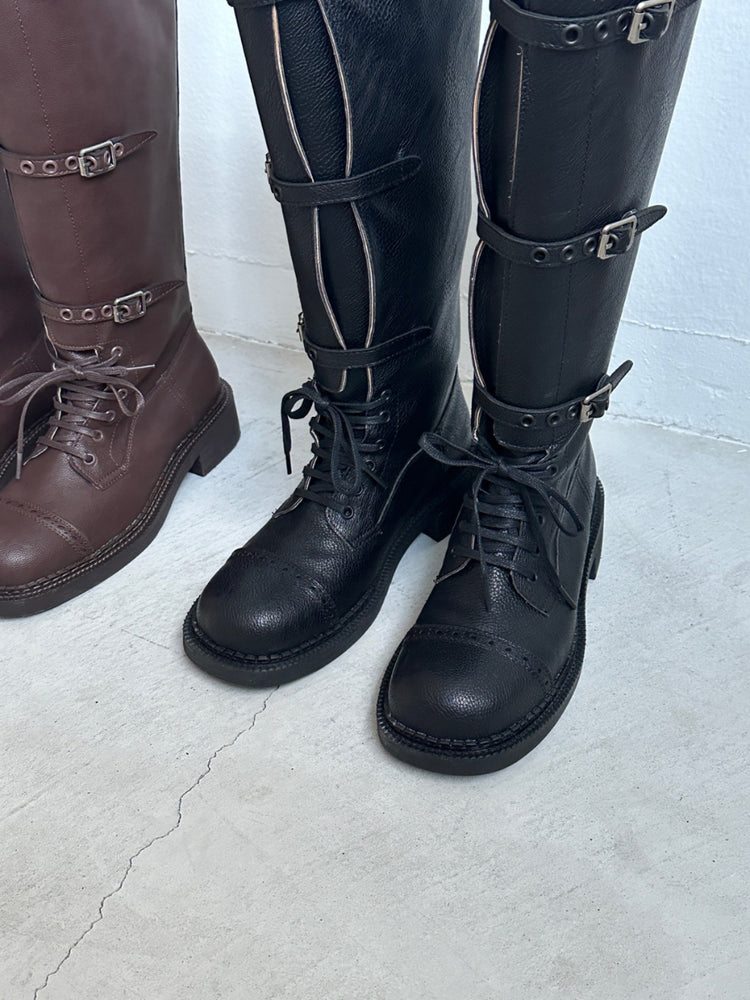 率性側扣綁帶長靴