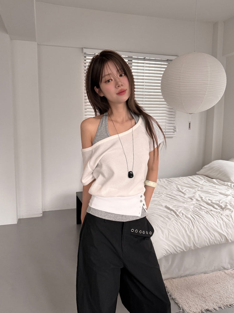 華夫格掛脖美肩兩件式上衣