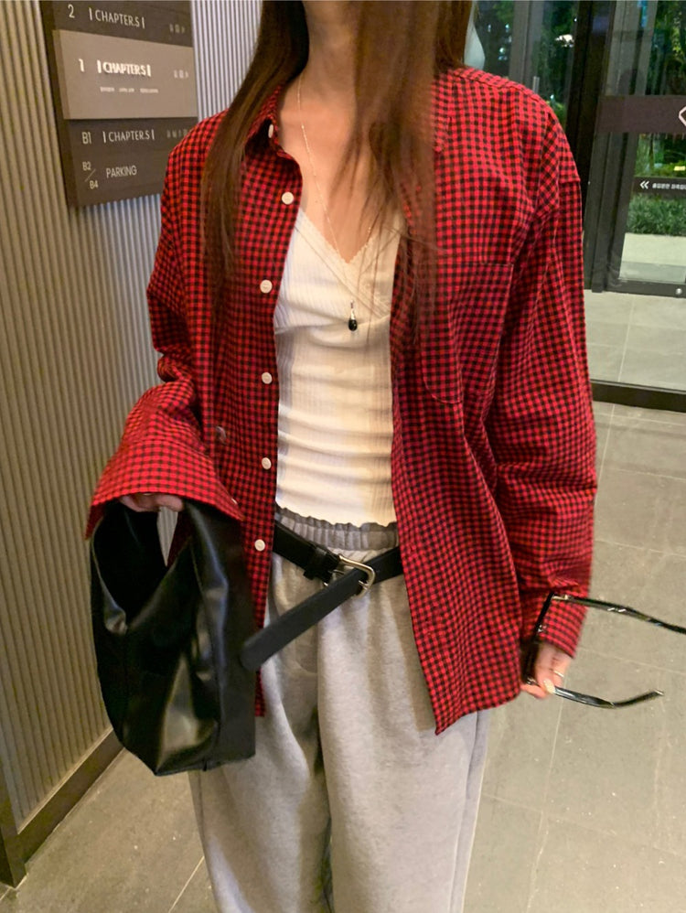復古美色格紋寬鬆襯衫