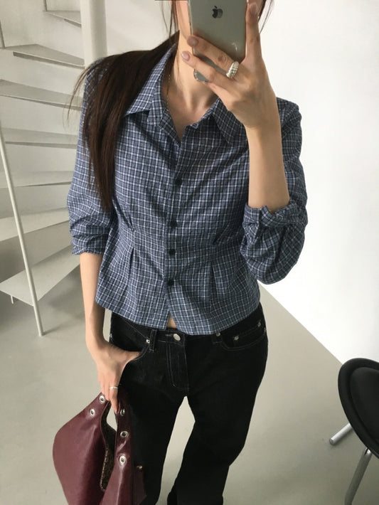 翻領格紋修腰細節襯衫