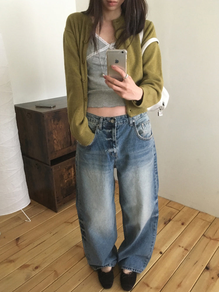 復古美刷色細節隨性牛仔褲