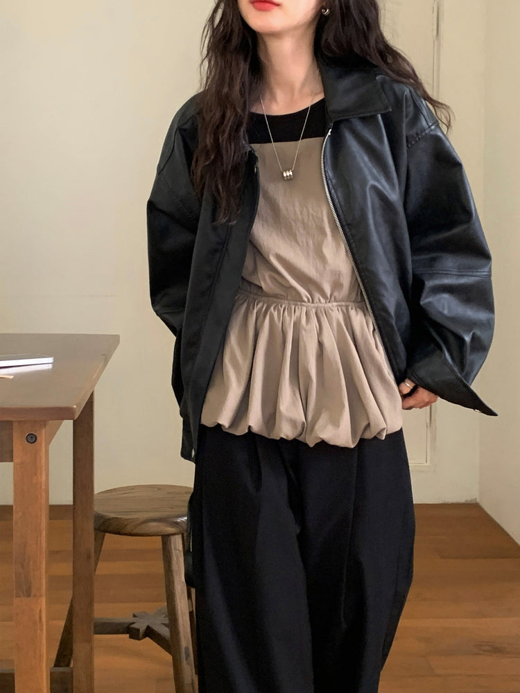 細帶泡泡下擺綁帶細節上衣